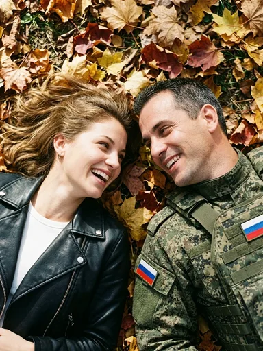 Фото военного с девушкой на осенней листве: результат ИИ обработки (2) в категории Портрет | AiPixia