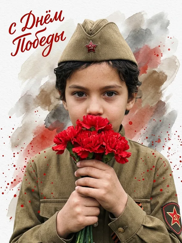 Ретро-открытка 9 Мая: ребёнок в военной форме: результат ИИ обработки (2) в категории Портрет | AiPixia