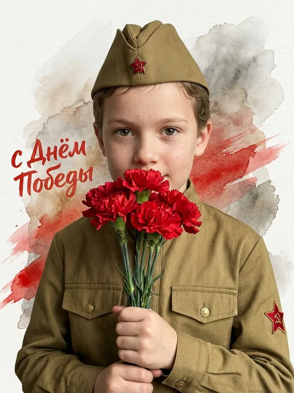 Ретро-открытка 9 Мая: ребёнок в военной форме: результат ИИ обработки (3) в категории Портрет | AiPixia