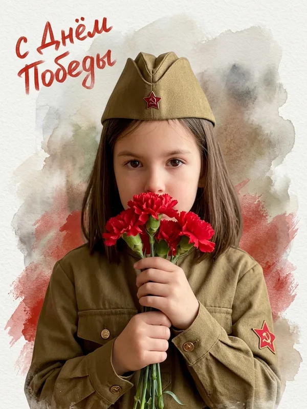 Ретро-открытка 9 Мая: ребёнок в военной форме: результат ИИ обработки (4) в категории Портрет | AiPixia